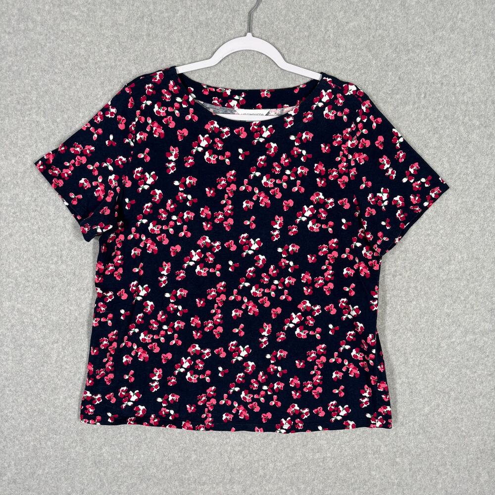 Liz Claiborne Shirt XL Navy Pink Floral Jersey Stretch‎ Cotton Basic Casual